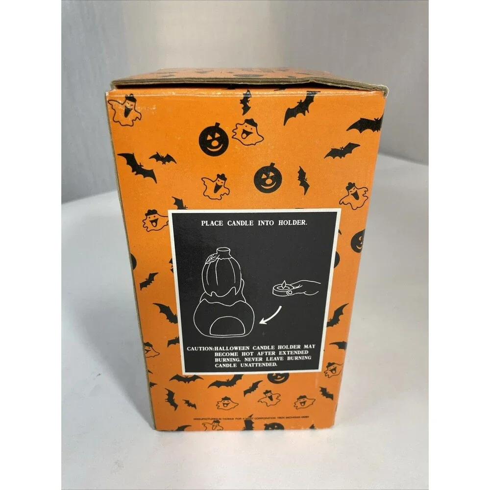 Ceramic Ghost Pumpkin VINTAGE Halloween Candle Holder Decor 7.5” UNUSED